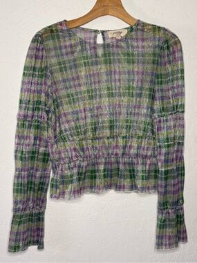 Porridge Anthropologie Women M Long Sleeve Top Sheer Sparkly Tiered‎ Green Lilac